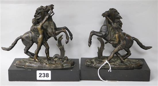 A pair of bronze Marley horse groups, on slate plinths, 16cm